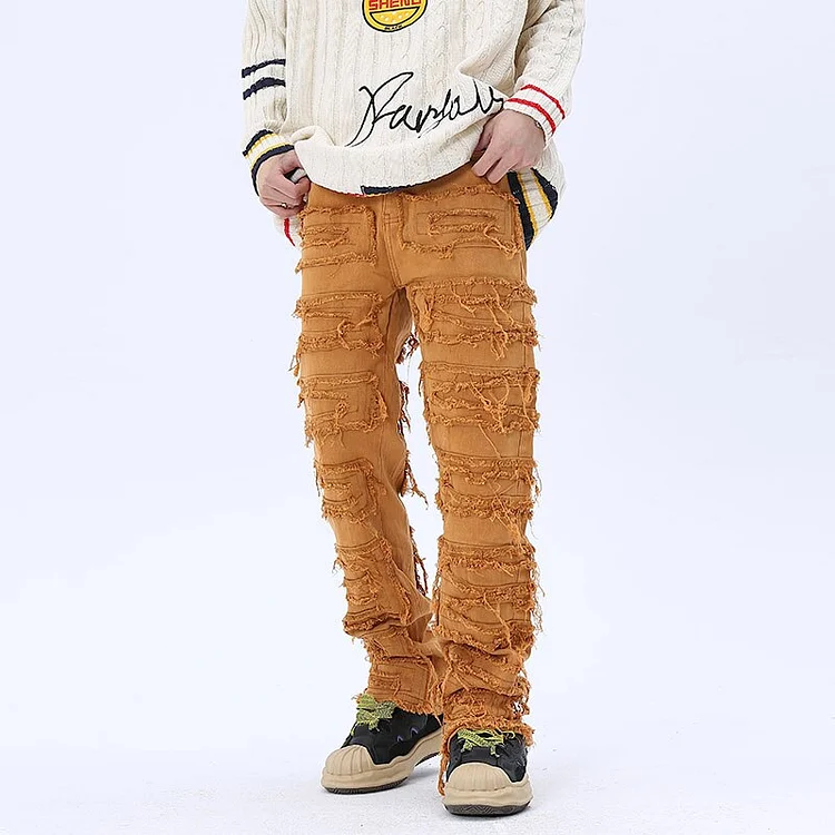 Solid Color Streetwear Retro Ripped Tassel Men's Jeans Stacked jeans at Hiphopee