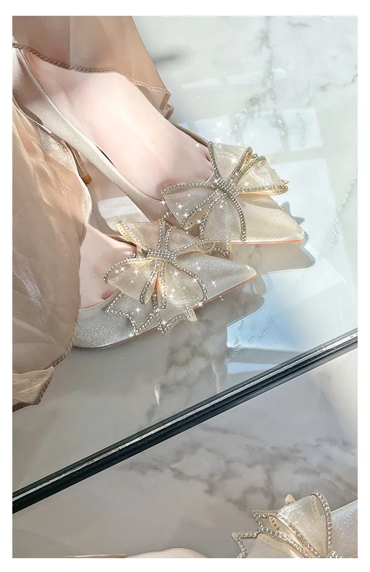 Breakj Breakj Drill Bow High Heels Summer Women's New Wedding Shoes Design French Famous Temperament Niche Pointed Single Shoes Sandals
