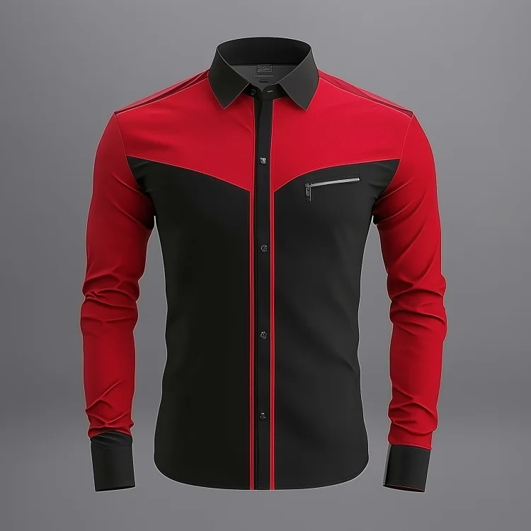 Okaywear Color Block Turndown Collar Button Zipper Long Sleeve Shirt 