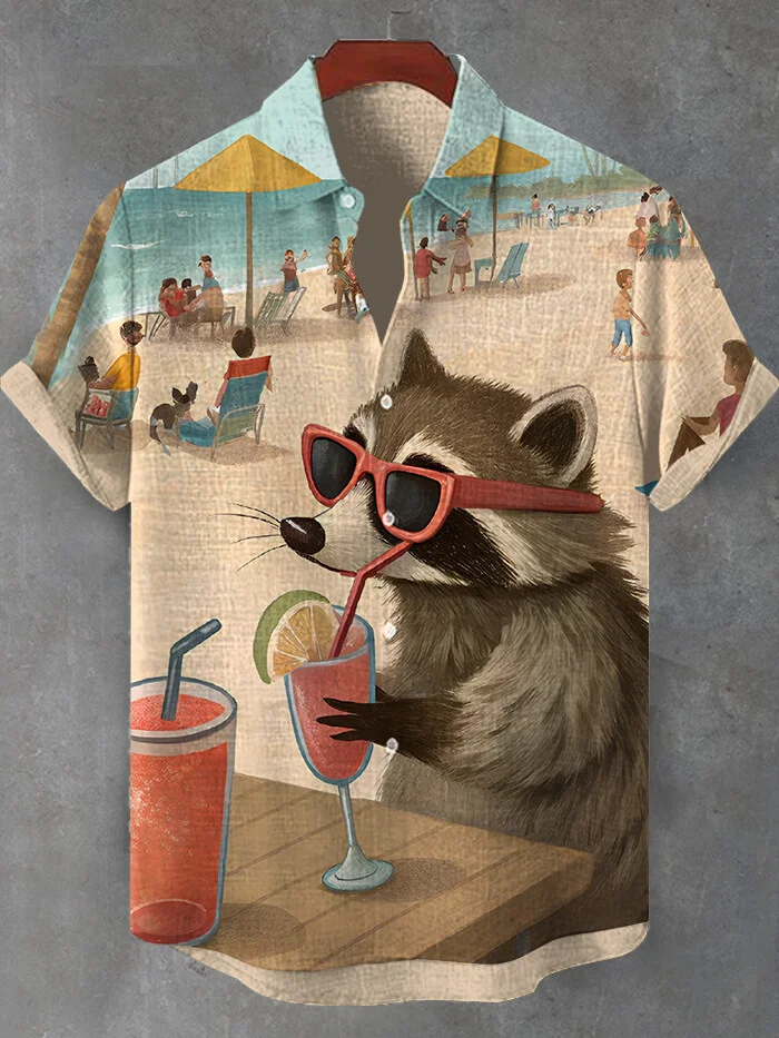 Men's Raccoon Drinking Cocktail On Vacation Art Print Short Sleeve Shirt