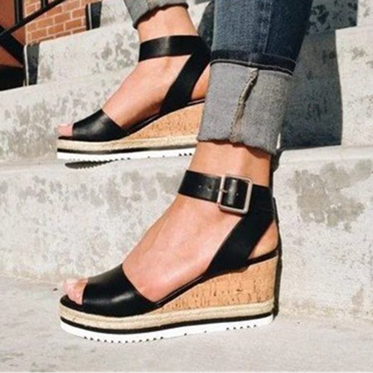 Solid Color Buckle round Head Leisure Wedge Sandals