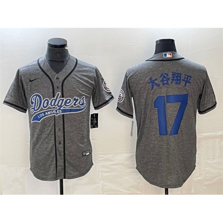 Men's Los Angeles Dodgers #17 Shohei Ohtani Grey Cool Base With Patch Stitched Baseball Jersey ITUI