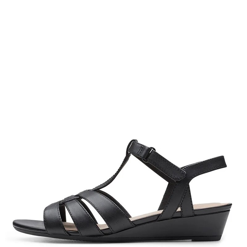 TAAFO Black Gladiator High Wedge Heels Women Sandals Open Toe Ladies T-Strap Hook&Loop Shoes