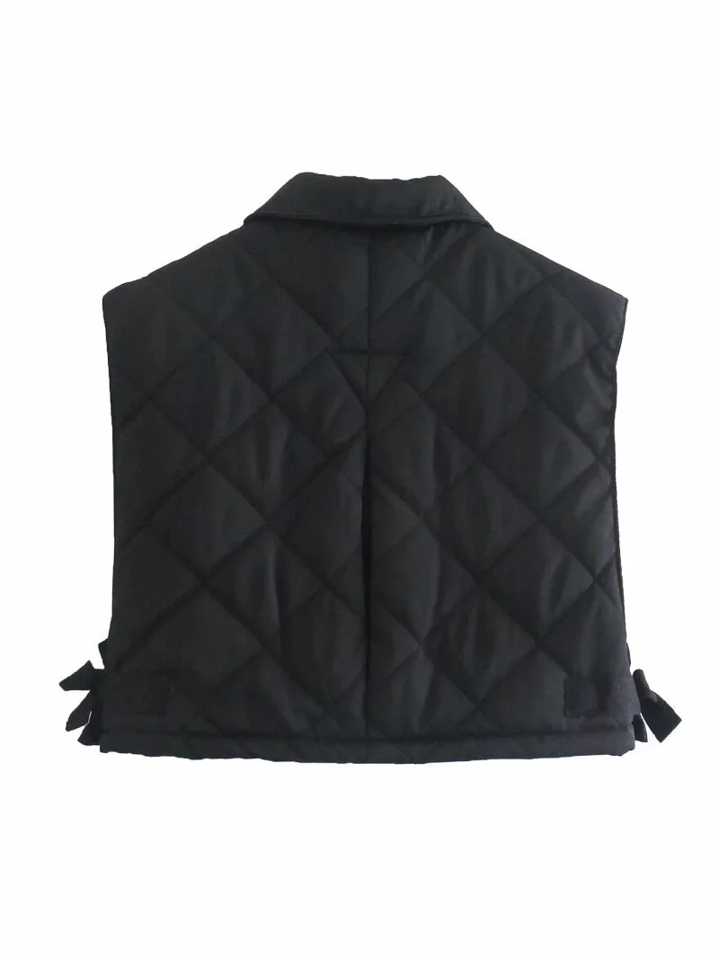 Stylish Chic Black Pocekts Quilting Cropped Vests Women 2021 Fashion Side Buttons Tie Turn-down Collar Waistcoat