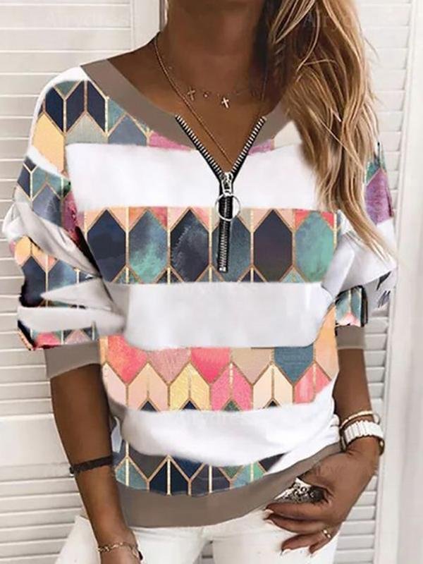 Geometry Zip Up Top Long Sleeve Casual Daily Blouse