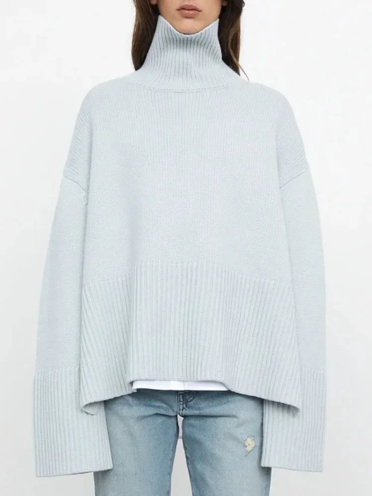 Huiketi Winter Women¡¯s Long Sleeves Knit Sweater Turtleneck Striped Print Loose Pullover Tops 2024 New Autumn Oversized Sweater