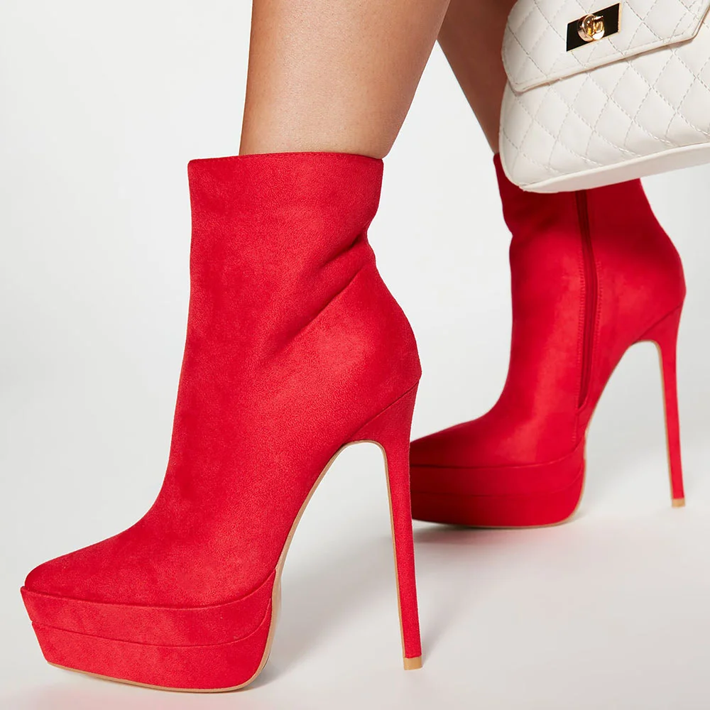 Full Red Pointed Toe Platform Boots Stiletto Heel Calf Boots Nicepairs