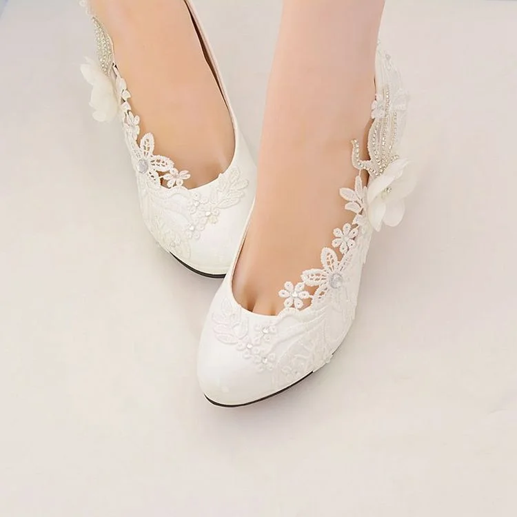 Lourdasprec wedding shoes bride handmade shoes flower lace high heels white pumps ladies shoes talon femme crystal high heels bridal shoes42