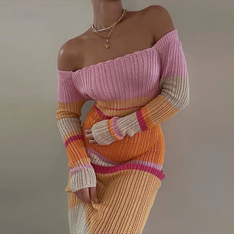 Colourp Vintage Striped Knitted Long Dress Leisure Style Off Shoulder Long Sleeve Bodycon Maxi Dress Chic Women Crochet Clothes