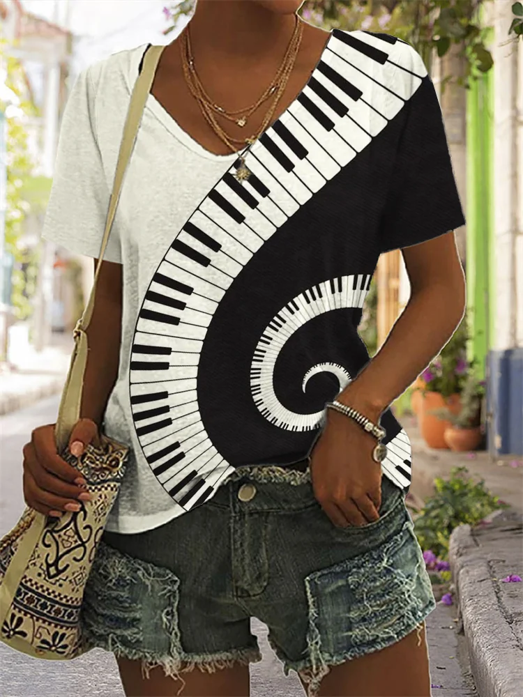 Swirl Piano Keys Contrast Art V Neck T Shirt