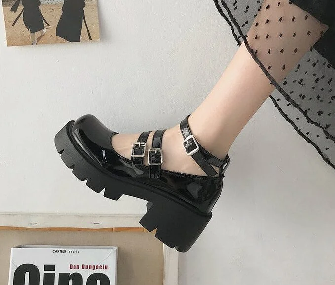 Back To School Women's Shoes Japanese Style Lolita Woman Vintage Soft High Heel Platform Leather College Student Mary Jane Girl Round Toe Black