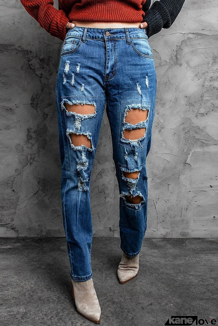 Blue Distressed Ripped Jeans