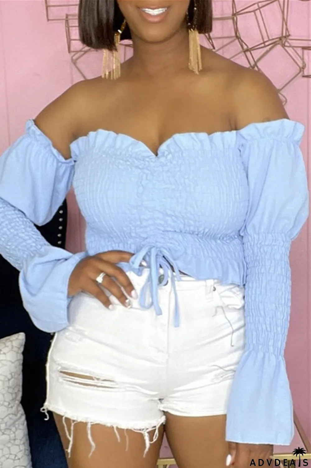 Blue Sexy Casual Solid Draw String Backless Off the Shoulder Tops