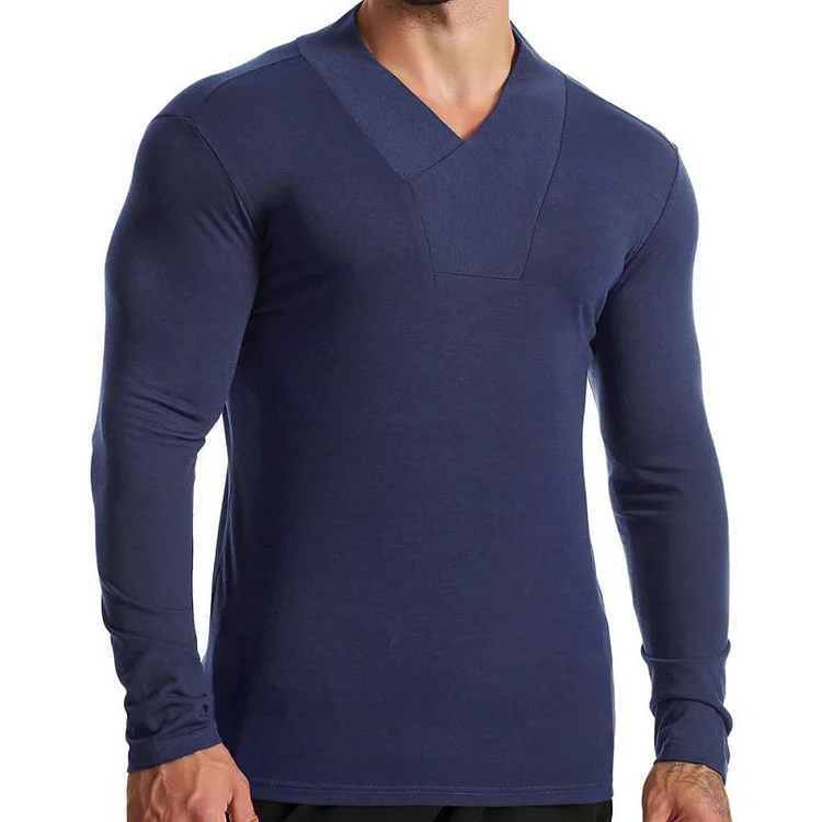 Men's Casual Solid Color V Neck Slim Long Sleeve T-Shirt