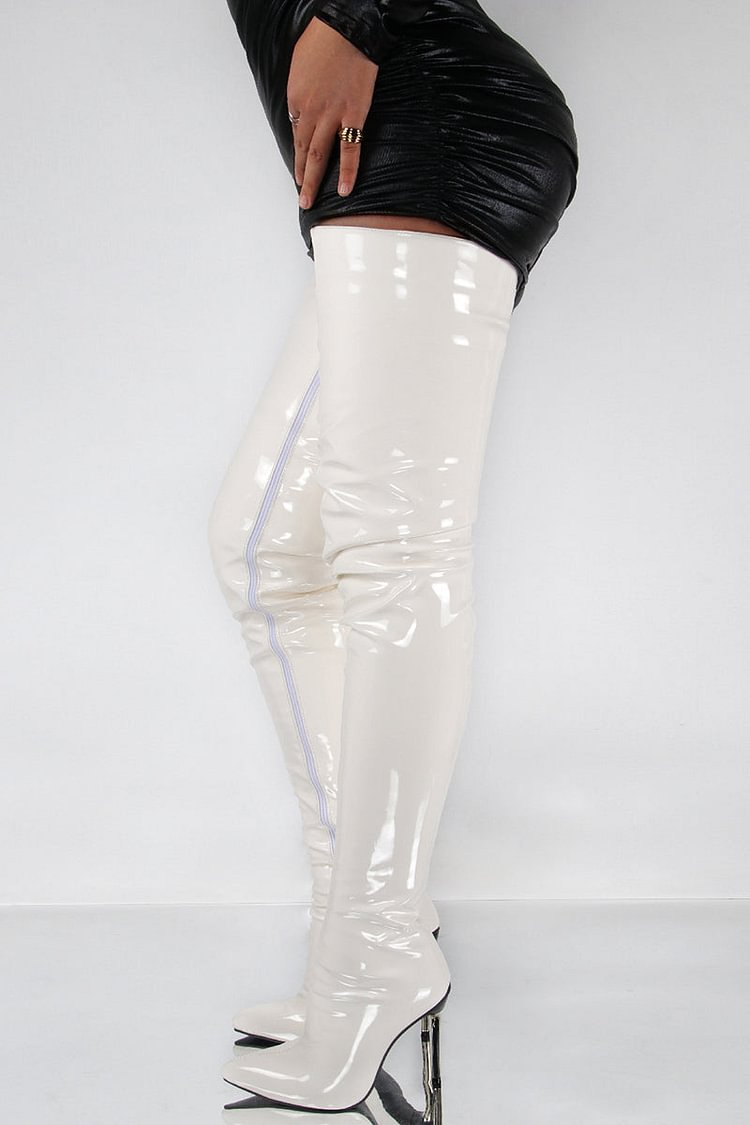 Faux Leather Over Thigh High Heel Pointy Toe Boots
