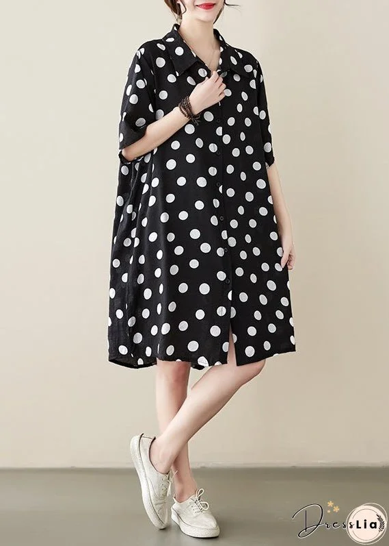 Loose Black Peter Pan Collar Dot Print Cotton Shirts Dress Summer