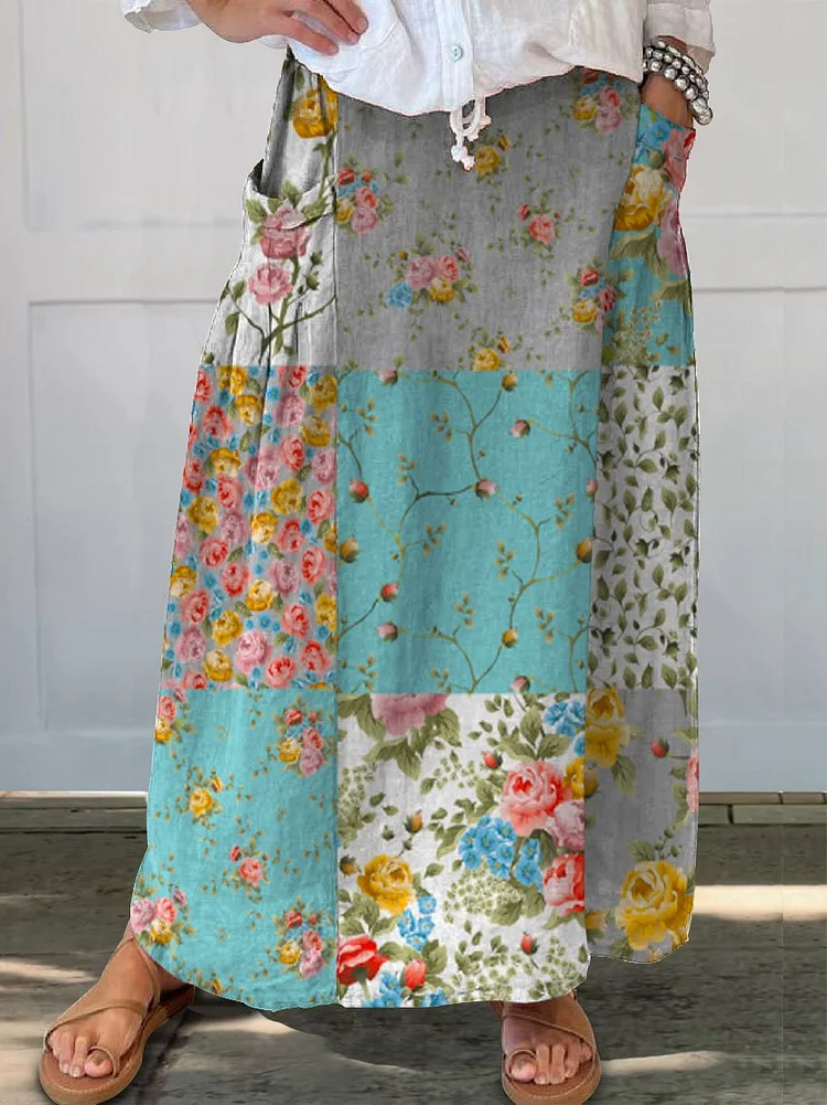 Women's Retro Floral Patchwork Art Linen Pocket Skirt