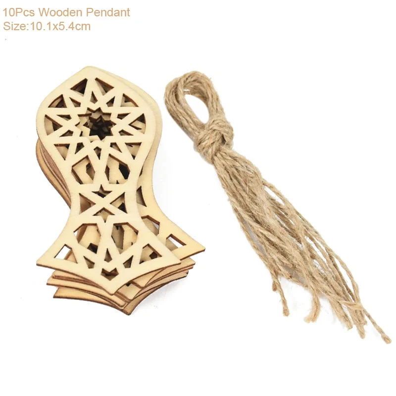 10pcs Wooden Eid Mubarak Pendants Ramadan Ornament DIY Islamic Muslim Festival Party Decoration for Home Moon Eid Al-Fitr Decor