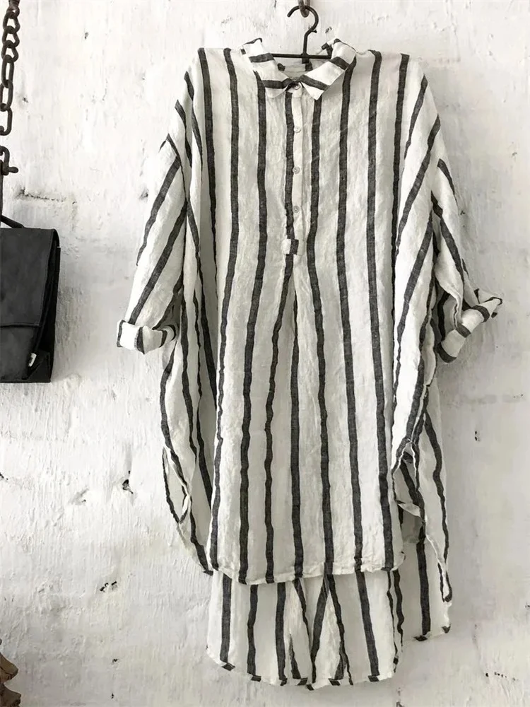 Women's Stripe Pattern Cotton Linen Lapel Shirt