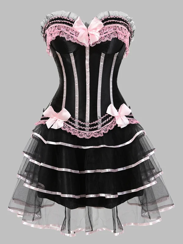 Gothic Dark Tiered Bowknot Lace-up Mesh Strapless Mini Dress