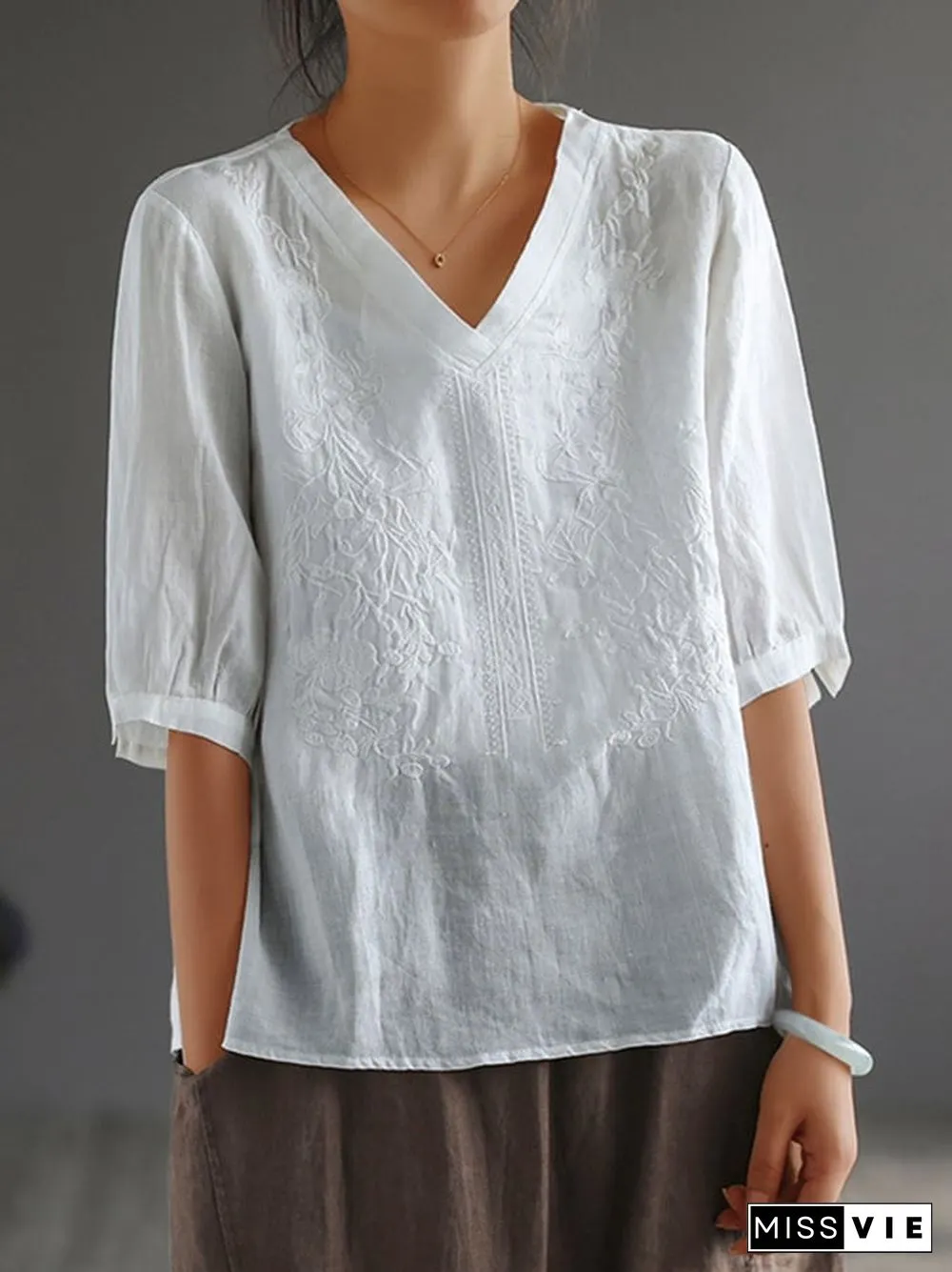 Cotton Embroidered Solid Color Quarter Sleeved Shirt