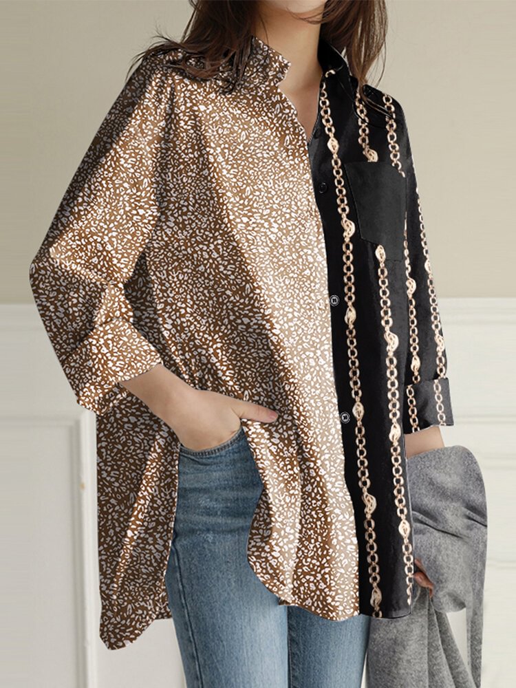Chain Patchwork Lapel Button Split Long Sleeve Blouse - Shop Trendy Women's Clothing | LoverChic