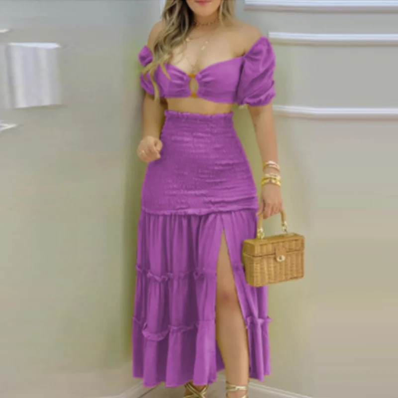 Uveng Uveng 2024 New Women's One-Line Shoulder Print Split Skirt Two-Piece Set 661