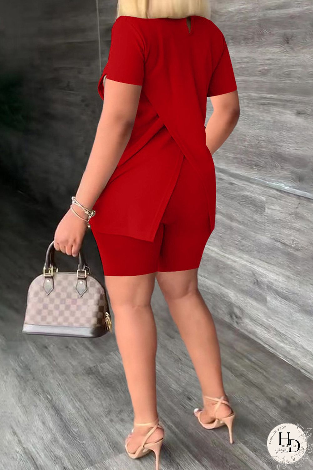 Khaki Casual Print Slit Turtleneck Short Sleeve Two Pieces