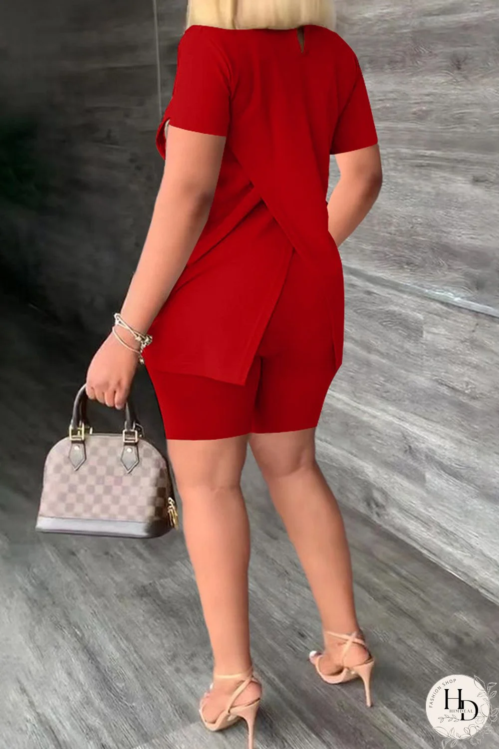 Khaki Casual Print Slit Turtleneck Short Sleeve Two Pieces