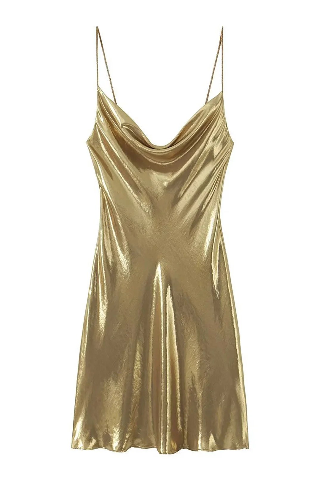 Brownm Cowl Neck Metallic Slip Mini Dress