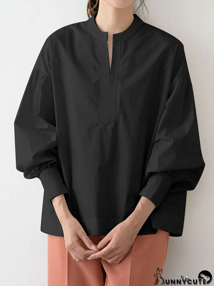 Solid Drop Shoulder Loose Long Sleeve Half Open Collar Blouse