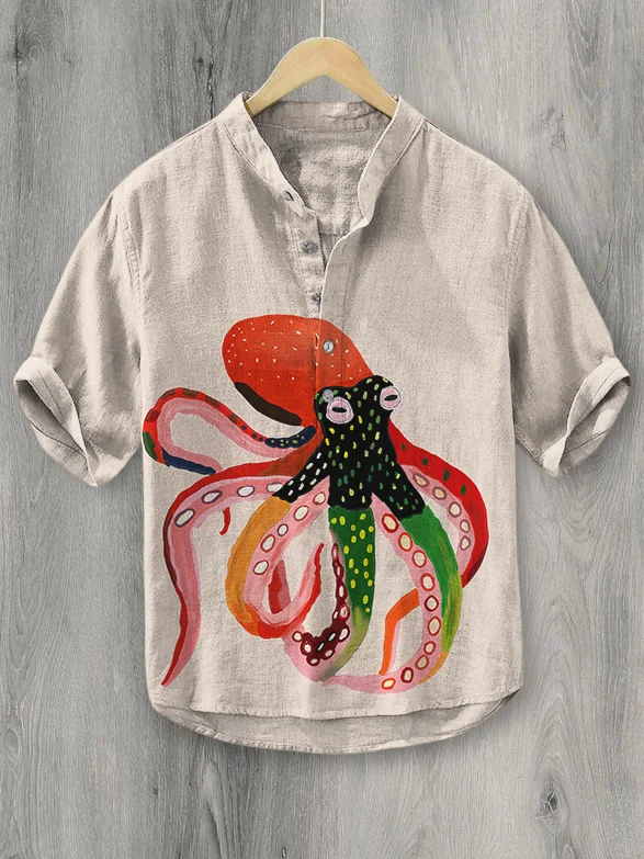 Men's Colorful Octopus Hawaii Print Half Button Shirt