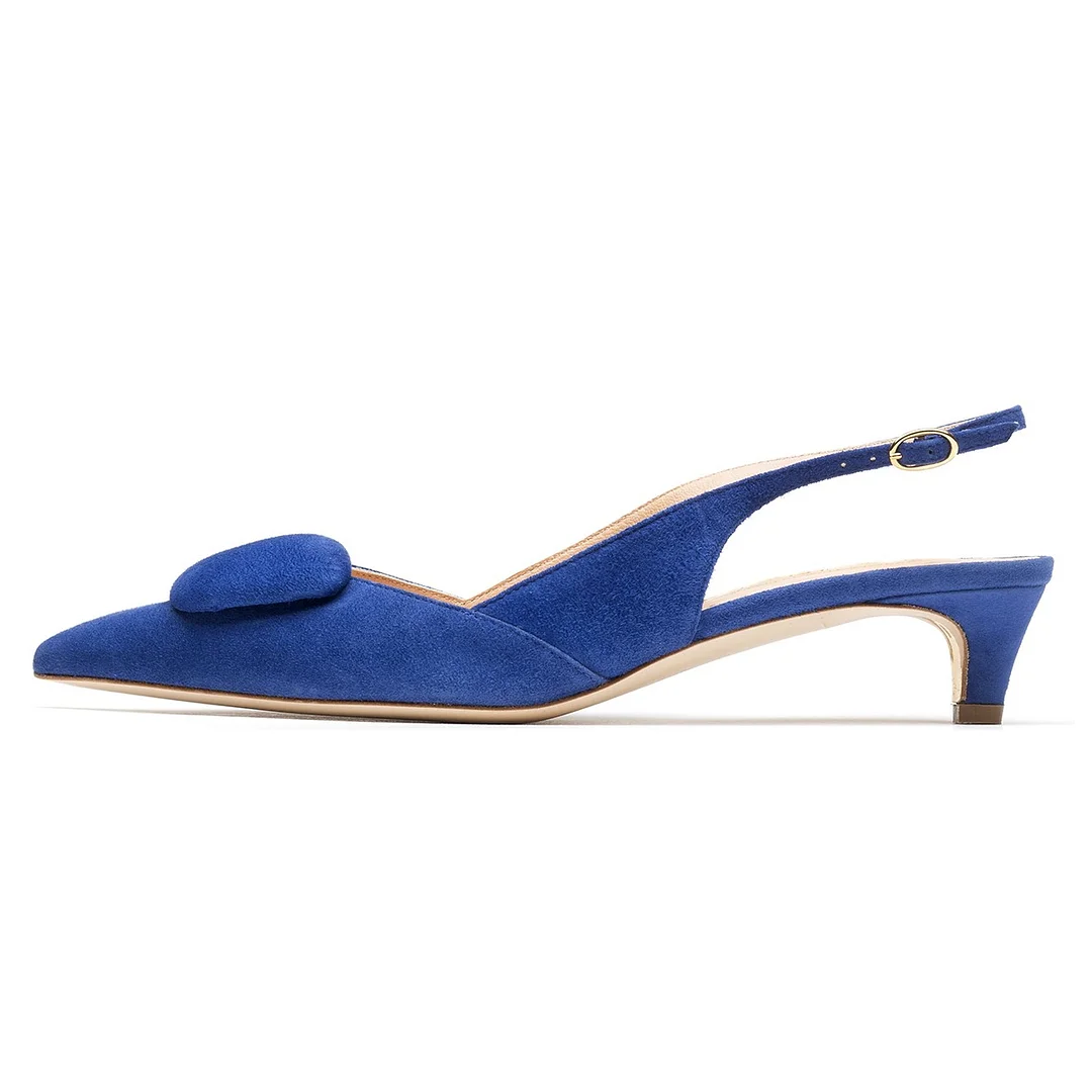 Simple Vegan Suede Pointed Toe Slingback Kitten Heels in Blue