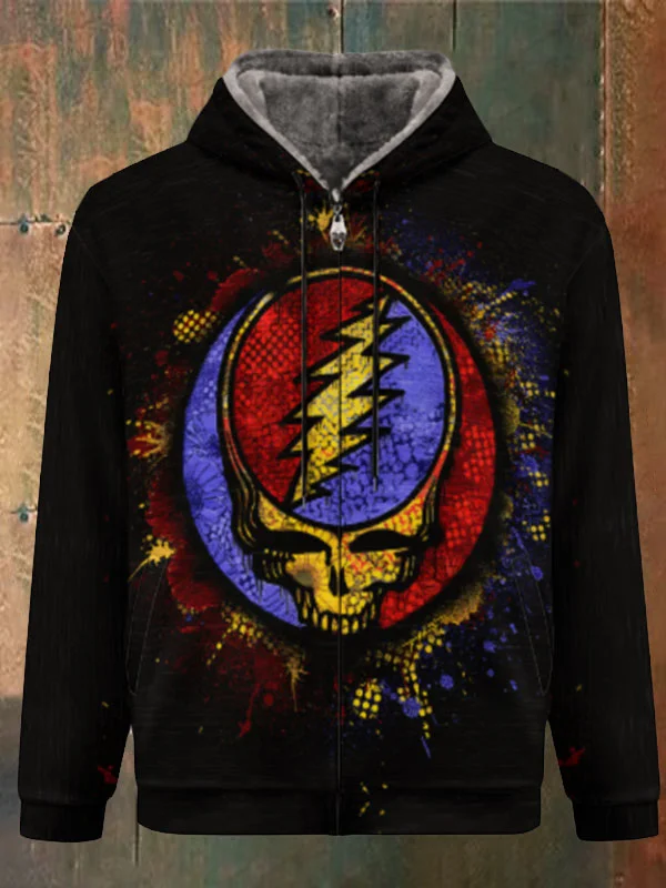 Unisex Skull Print Double Layer Fleece Zip-Up Hooded Jacket