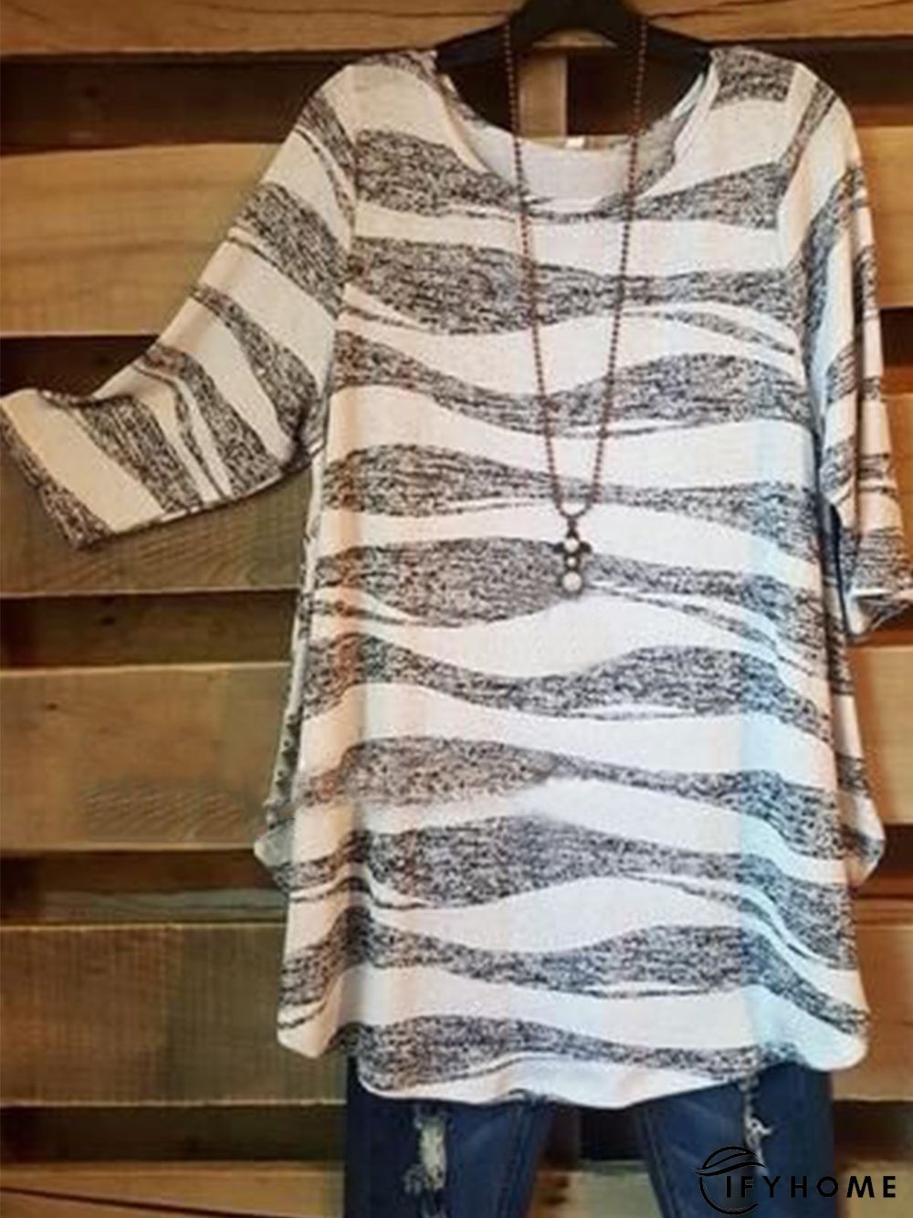 Vintage Geometric Printed 3/4 Sleeve Crew Neck Casual Tunic Top | IFYHOME