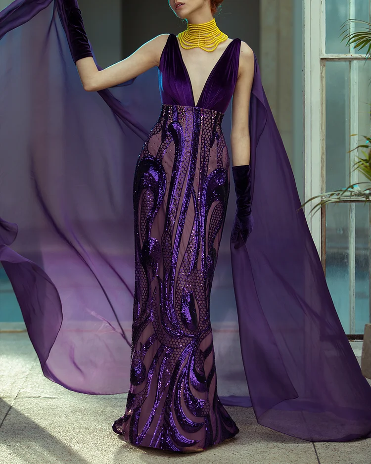 Women's V-neck cape sequined Dress