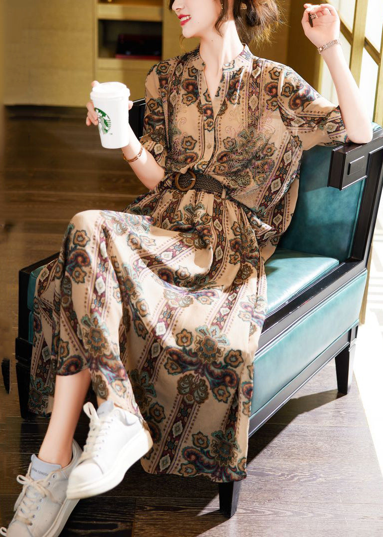 VCSHOES Coffee Print Zircon Chiffon Two Piece Set Women Clothing Summer