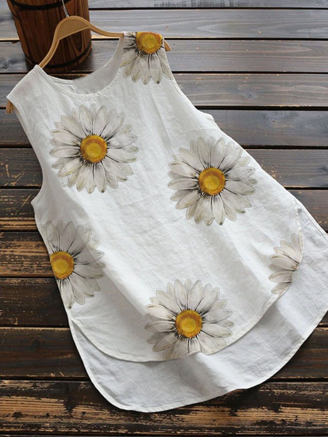 Cotton Linen Daisy Print Casual Tank Top