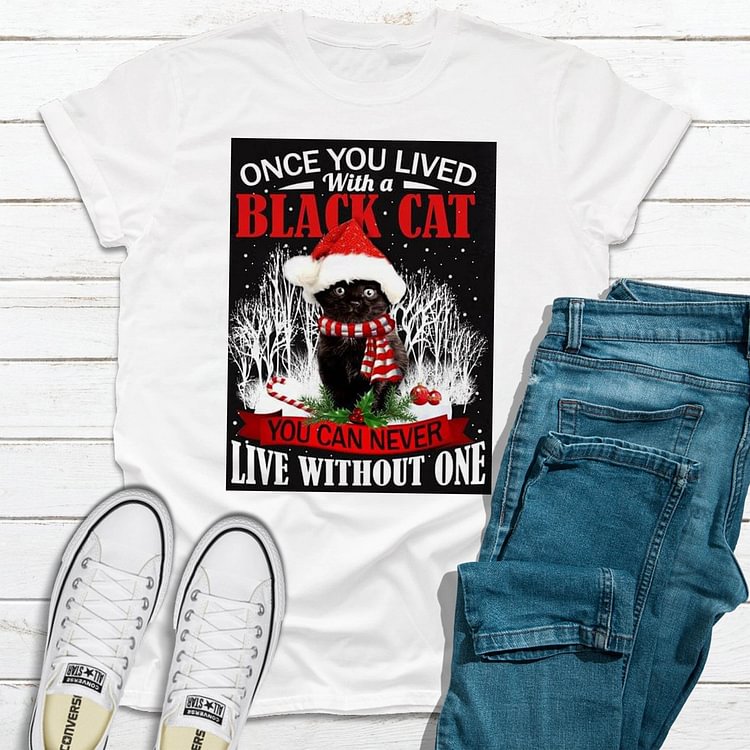 Bestdealfriday Snow Christmas Cute Black Cat T-Shirt