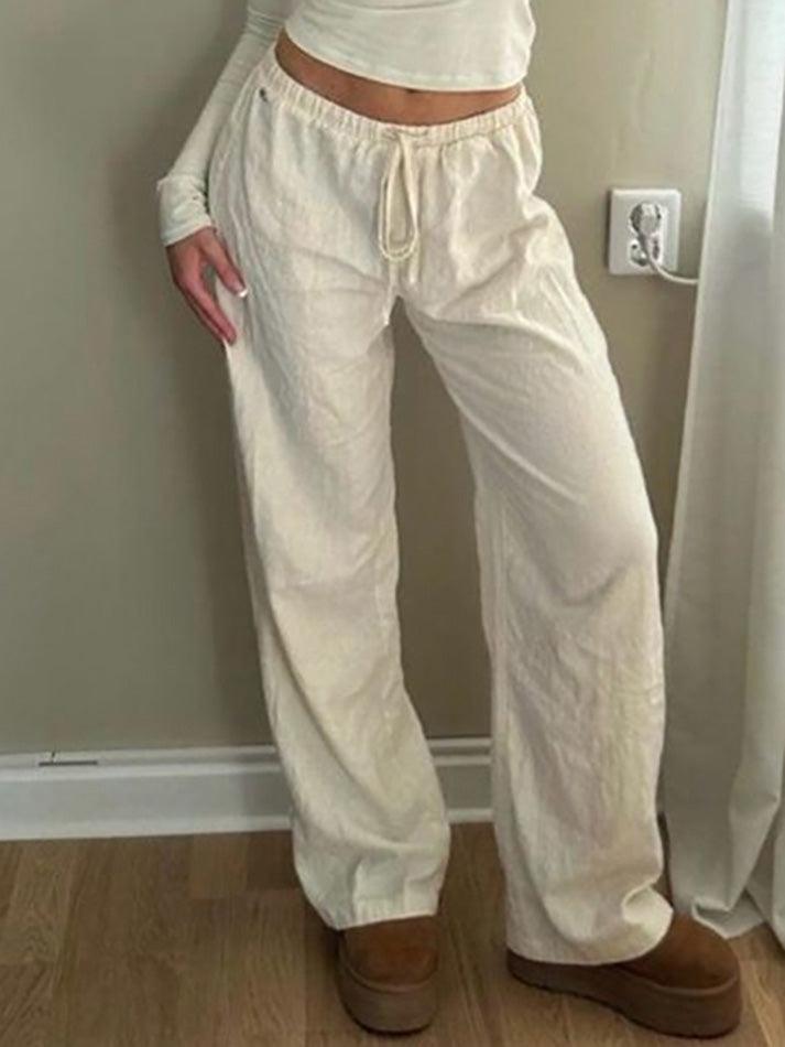 LANFUBEISI - Basic Solid Color Drawstring Straight Leg Pants LANFUBEISI