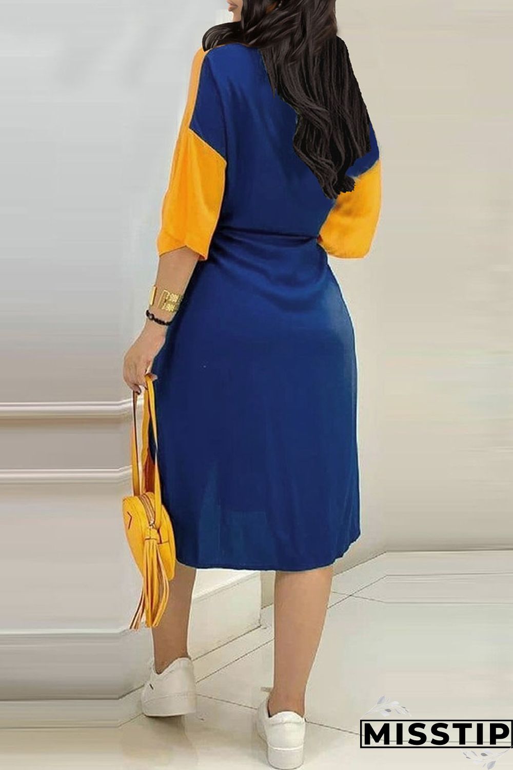 Deep Blue Casual Print Patchwork Turndown Collar Tops