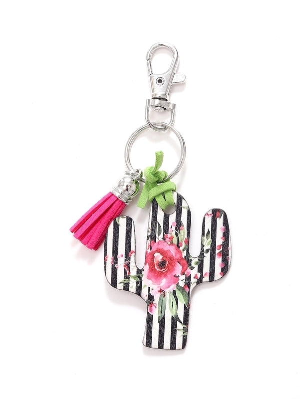 Classic Style Commute Cactus Printing Wood Bag Pendant Keychain