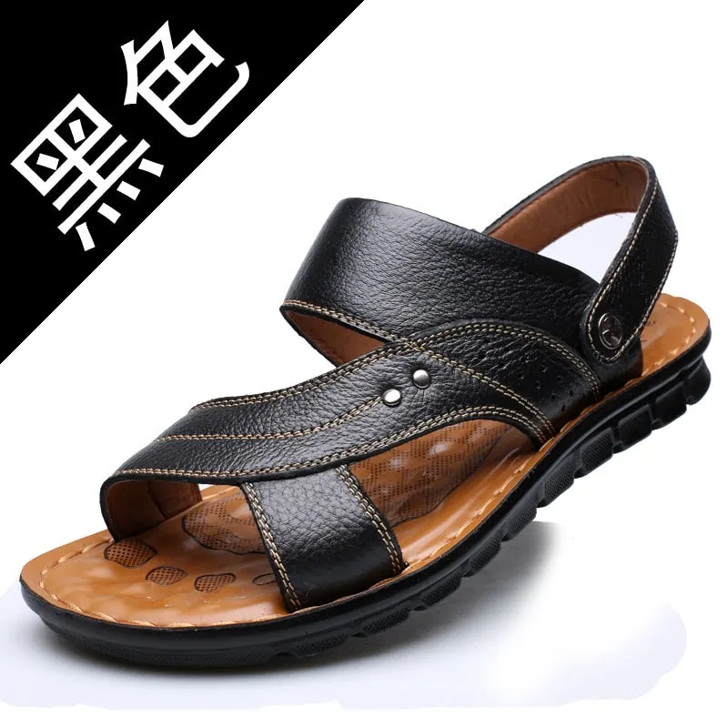 Men's Summer New Men's Sandals Men's Leather Beach Shoes Casual Men's Shoes Fashion Slippers Stripe Sandals Rubber  Mens Shoes
