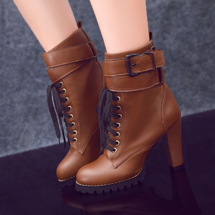 Tan Boots Lace up Round Toe Chunky Heel Ankle Boots |FSJ Shoes