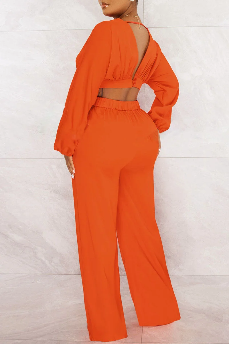 Sexy Solid Patchwork Backless V Neck Long Sleeve Two Pieces