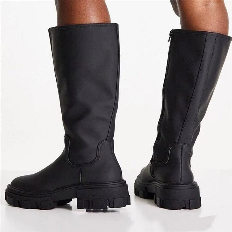 New Women's High Boots Knee-high PU Leather Boots Platform High Heels For Women's Shoes 2021 Autumn Winter Zip Boots Botas Mujer 211
