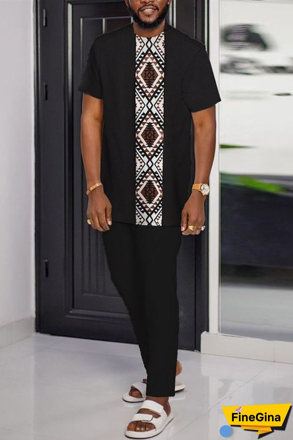 Black Men's Casual Colorblock Walking Suit-051