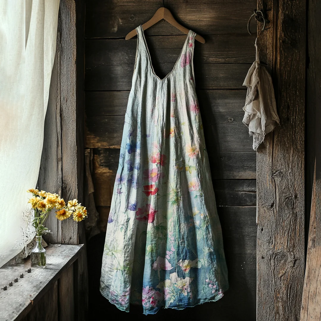Vintage Floral Painting Art Linen Comfy Tank Dress