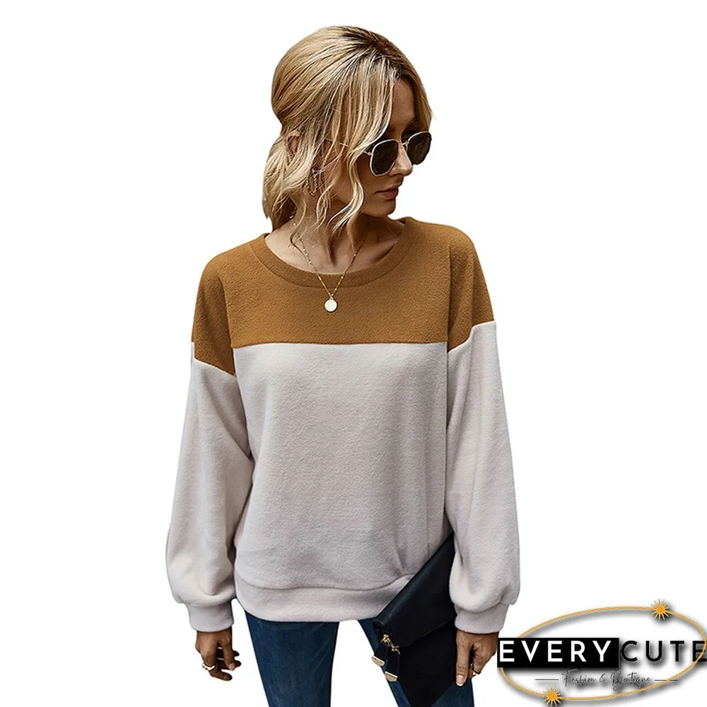 Brown Colorblock Polar Fleece Pullover Sweatshirt