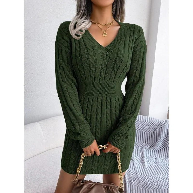 Women's Cozy V-Neck Cable Knit Sweater Dress – Soft Textured Drop Shoulder Long Sleeve Dress for Fall & Winter